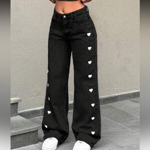 Black Heart-Patterned Women Jeans